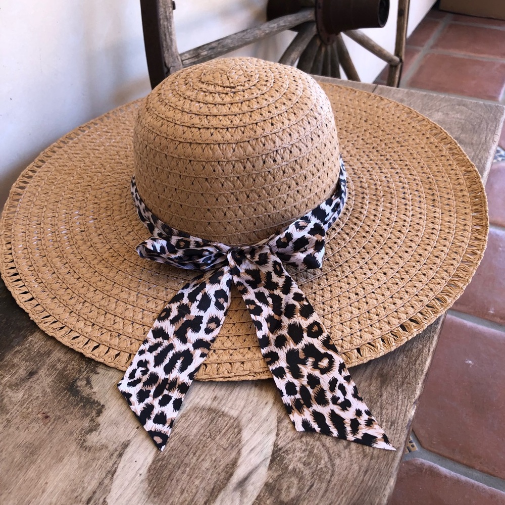 FLOPPY SUMMER Natural Straw HAT Leopard Bow NEW!👒